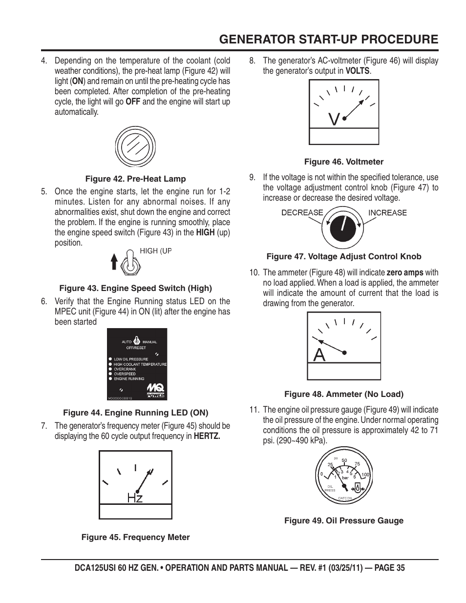 Generator start-up procedure | Multiquip MQ Power 60 HZ Generator DCA125USI User Manual | Page 35 / 90