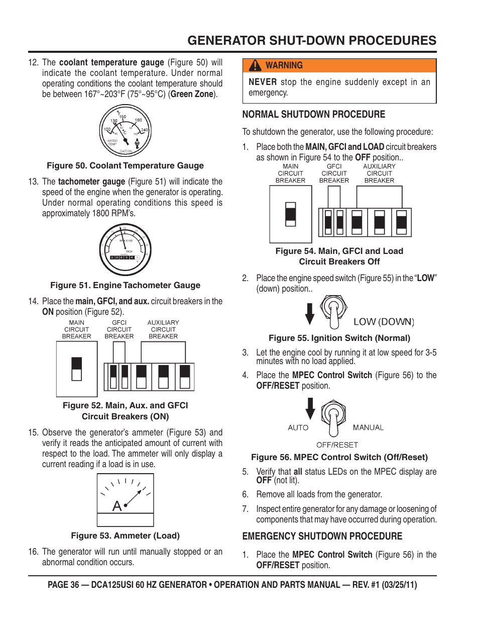 Generator shut-down procedures | Multiquip MQ Power 60 HZ Generator DCA125USI User Manual | Page 36 / 90