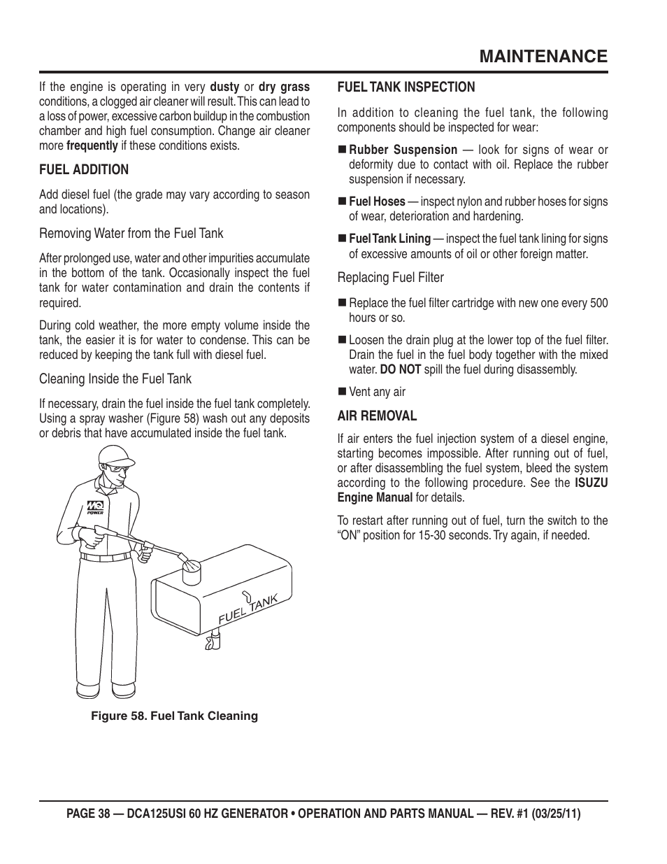 Maintenance | Multiquip MQ Power 60 HZ Generator DCA125USI User Manual | Page 38 / 90