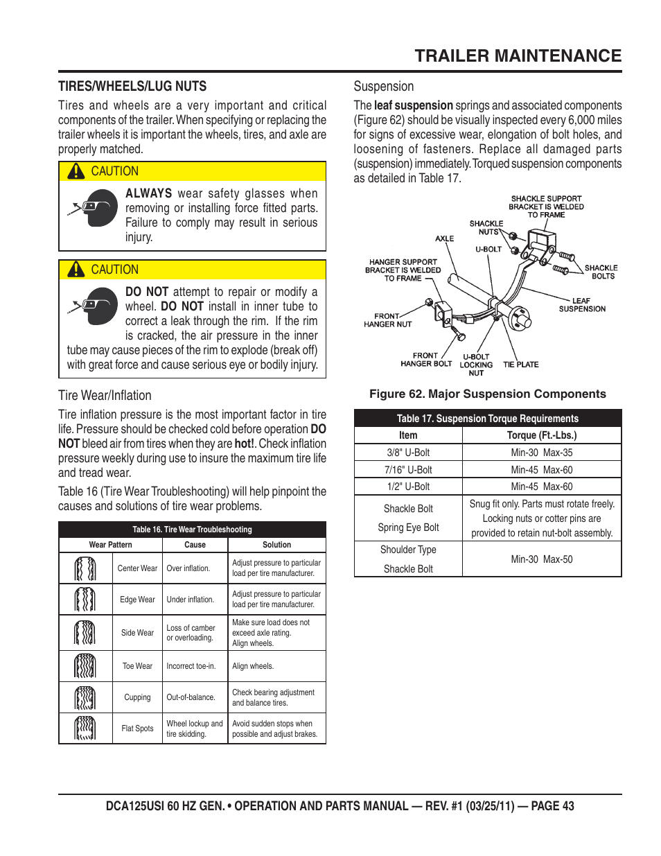 Trailer maintenance, Tires/wheels/lug nuts, Tire wear/infl ation | Suspension | Multiquip MQ Power 60 HZ Generator DCA125USI User Manual | Page 43 / 90