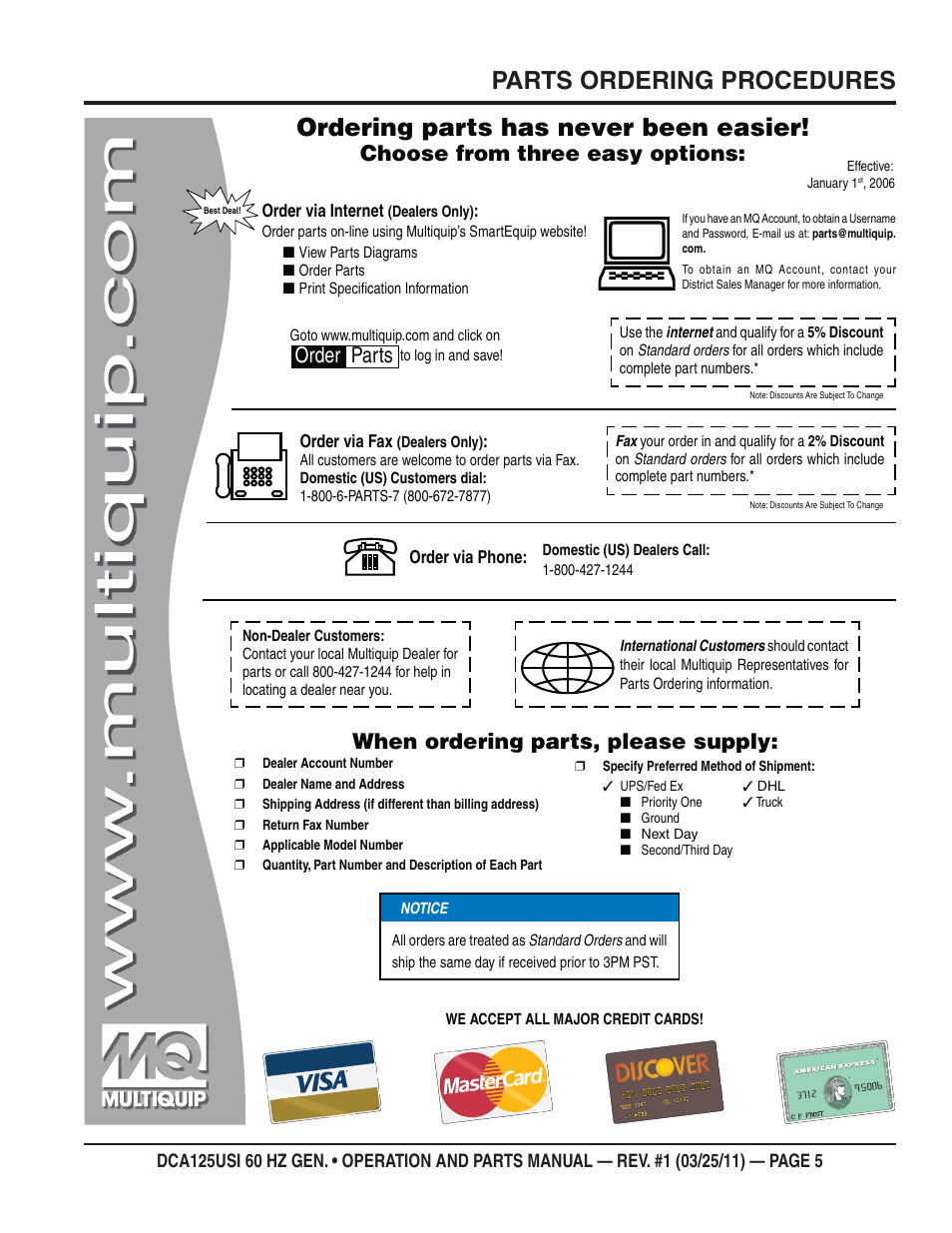 Parts ordering procedures, Ordering parts has never been easier, Choose from three easy options | When ordering parts, please supply, Order parts | Multiquip MQ Power 60 HZ Generator DCA125USI User Manual | Page 5 / 90