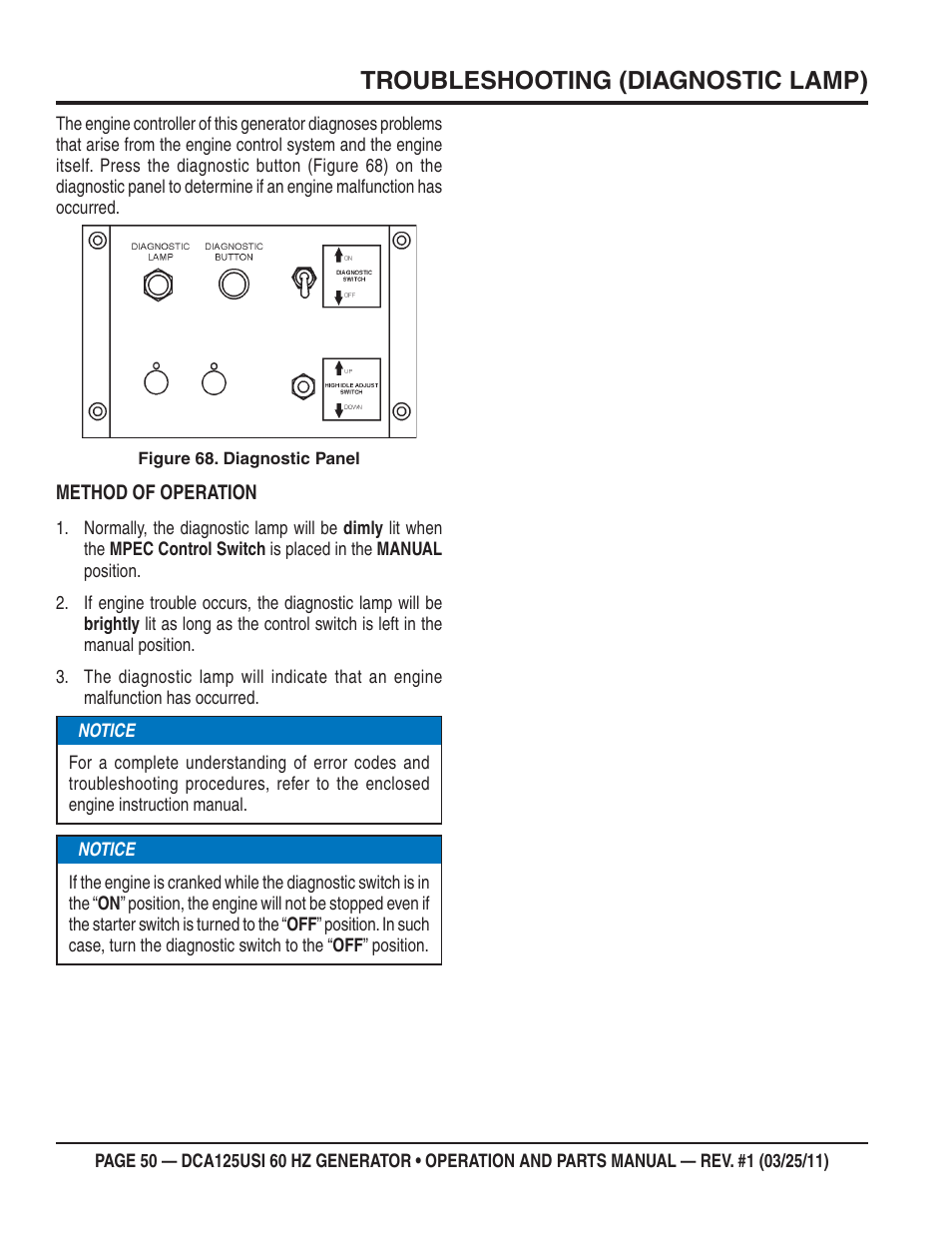 Troubleshooting (diagnostic lamp) | Multiquip MQ Power 60 HZ Generator DCA125USI User Manual | Page 50 / 90