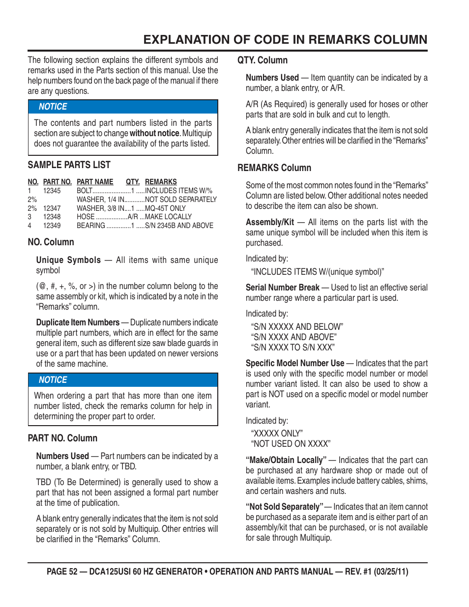 Explanation of code in remarks column | Multiquip MQ Power 60 HZ Generator DCA125USI User Manual | Page 52 / 90