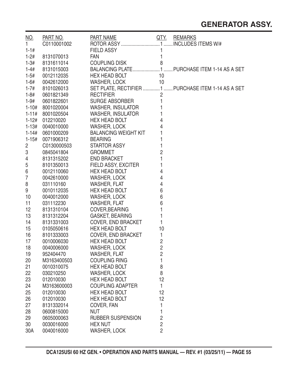 Generator assy | Multiquip MQ Power 60 HZ Generator DCA125USI User Manual | Page 55 / 90
