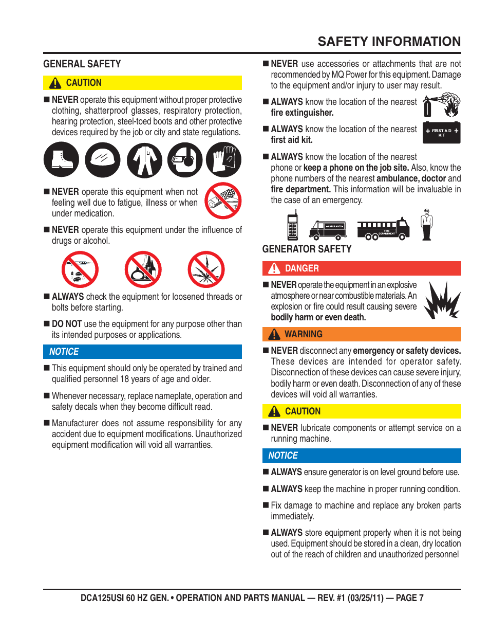 Safety information | Multiquip MQ Power 60 HZ Generator DCA125USI User Manual | Page 7 / 90