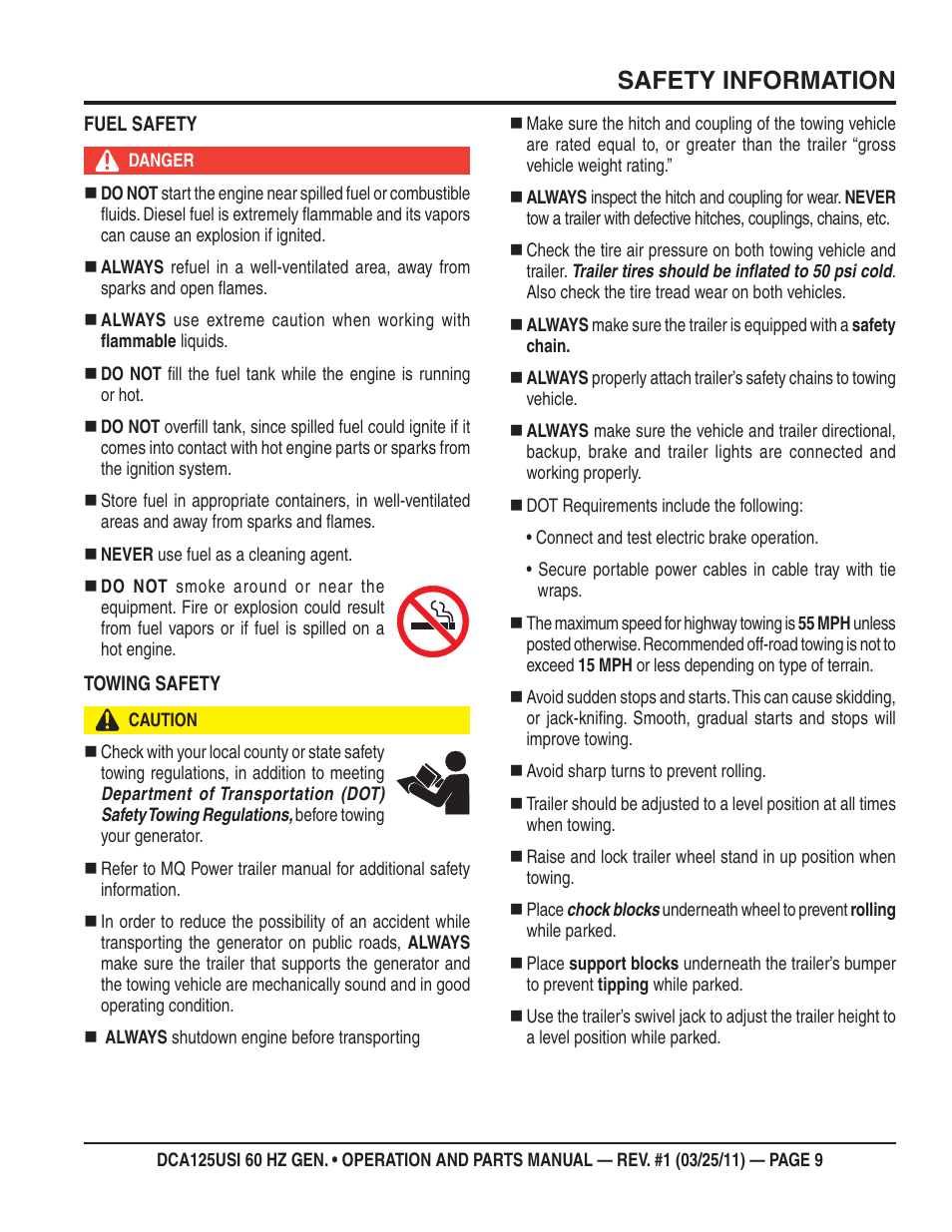 Safety information | Multiquip MQ Power 60 HZ Generator DCA125USI User Manual | Page 9 / 90