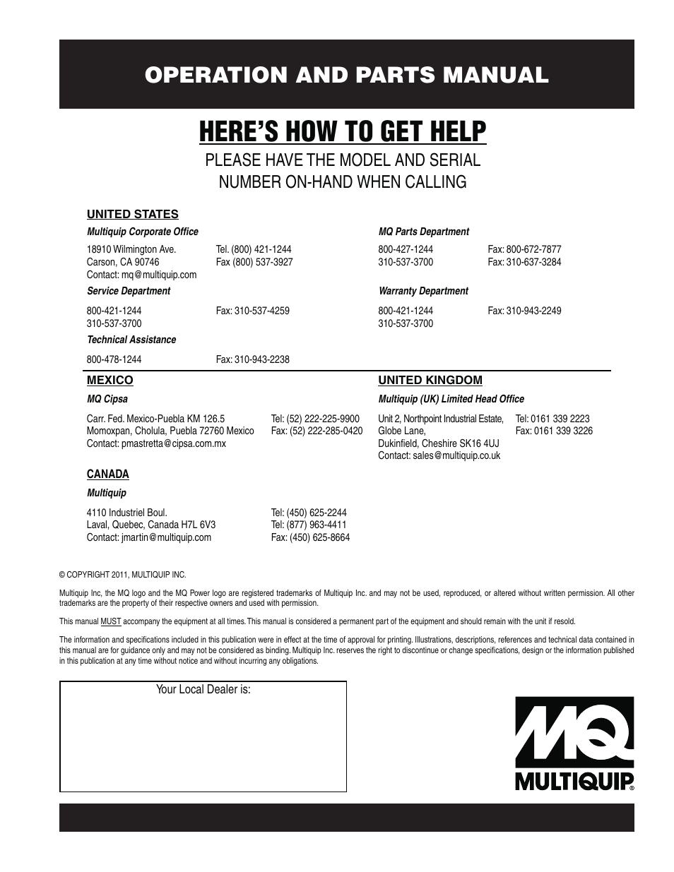 Here’s how to get help, Operation and parts manual | Multiquip MQ Power 60 HZ Generator DCA125USI User Manual | Page 90 / 90