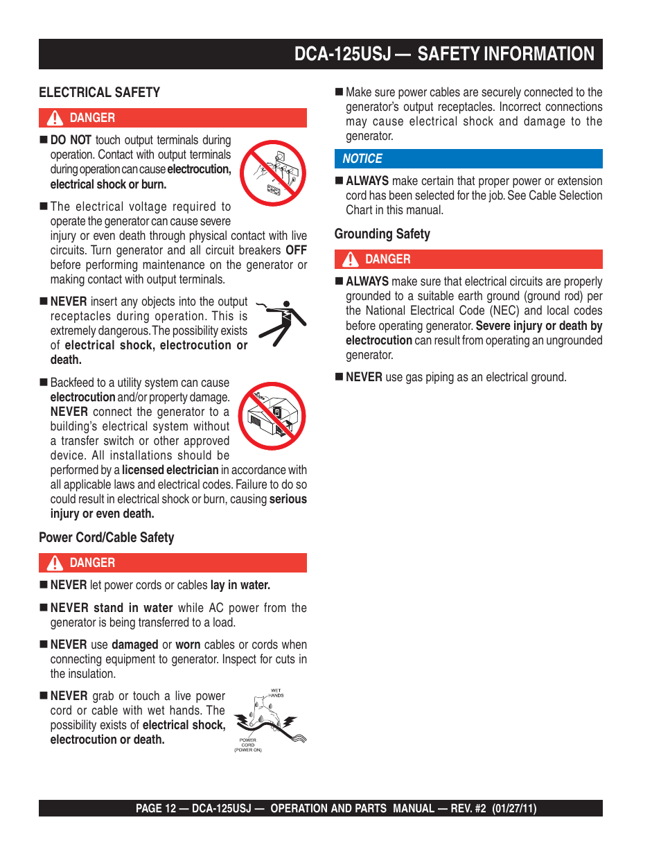 Dca-125usj — safety information | Multiquip MQ Power 60 Hz Generator DCA125USJ User Manual | Page 12 / 84