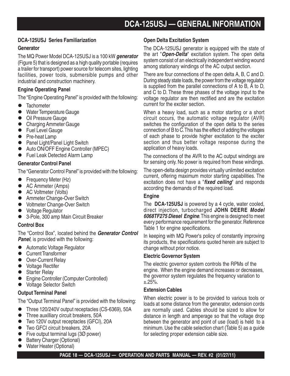 Dca-125usj — general information | Multiquip MQ Power 60 Hz Generator DCA125USJ User Manual | Page 18 / 84