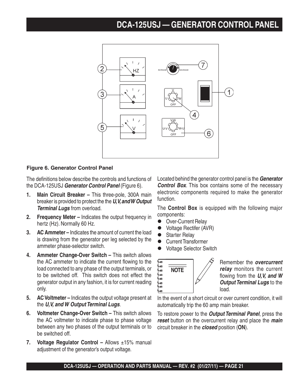1dca-125usj — generator control panel | Multiquip MQ Power 60 Hz Generator DCA125USJ User Manual | Page 21 / 84