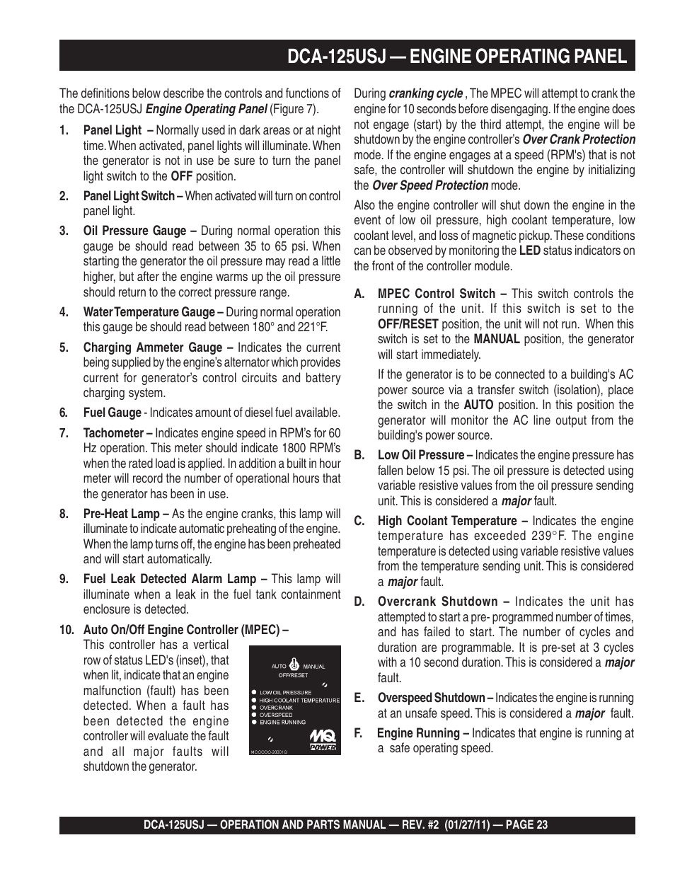 1dca-125usj — engine operating panel | Multiquip MQ Power 60 Hz Generator DCA125USJ User Manual | Page 23 / 84