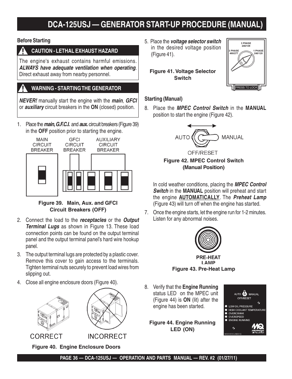 Dca-125usj — generator start-up procedure (manual) | Multiquip MQ Power 60 Hz Generator DCA125USJ User Manual | Page 36 / 84