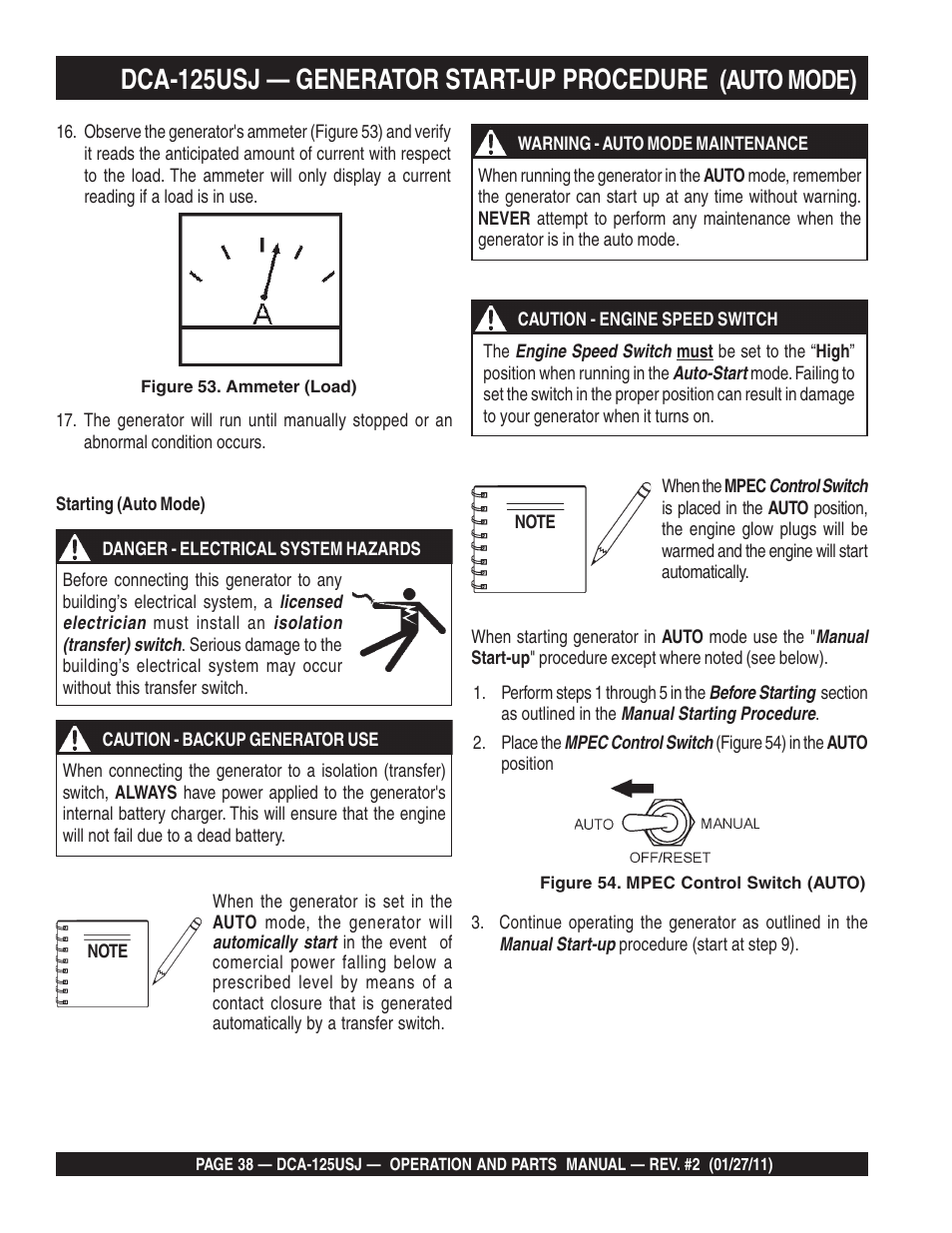 Dca-125usj — generator start-up procedure, Auto mode) | Multiquip MQ Power 60 Hz Generator DCA125USJ User Manual | Page 38 / 84
