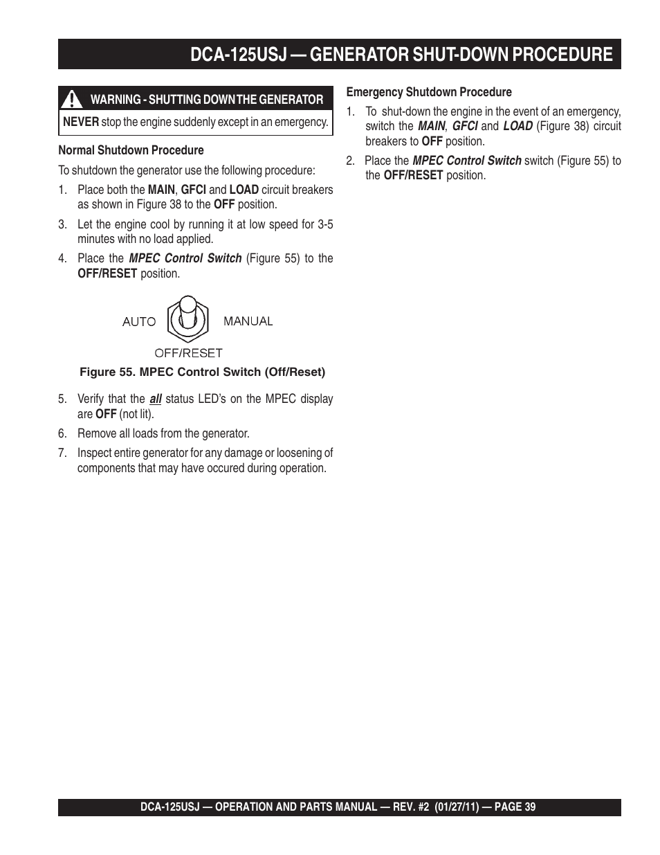 1dca-125usj — generator shut-down procedure | Multiquip MQ Power 60 Hz Generator DCA125USJ User Manual | Page 39 / 84
