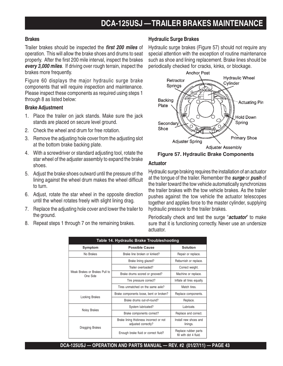 1dca-125usj — trailer brakes maintenance, Figure 57. hydraulic brake components | Multiquip MQ Power 60 Hz Generator DCA125USJ User Manual | Page 43 / 84