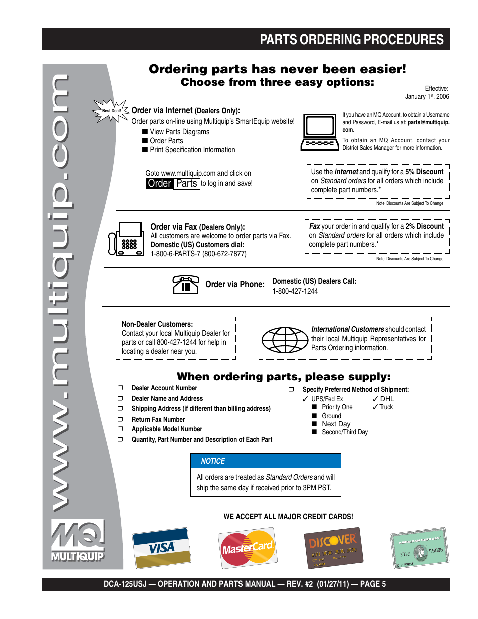 1parts ordering procedures, Ordering parts has never been easier, Choose from three easy options | When ordering parts, please supply, Order parts | Multiquip MQ Power 60 Hz Generator DCA125USJ User Manual | Page 5 / 84