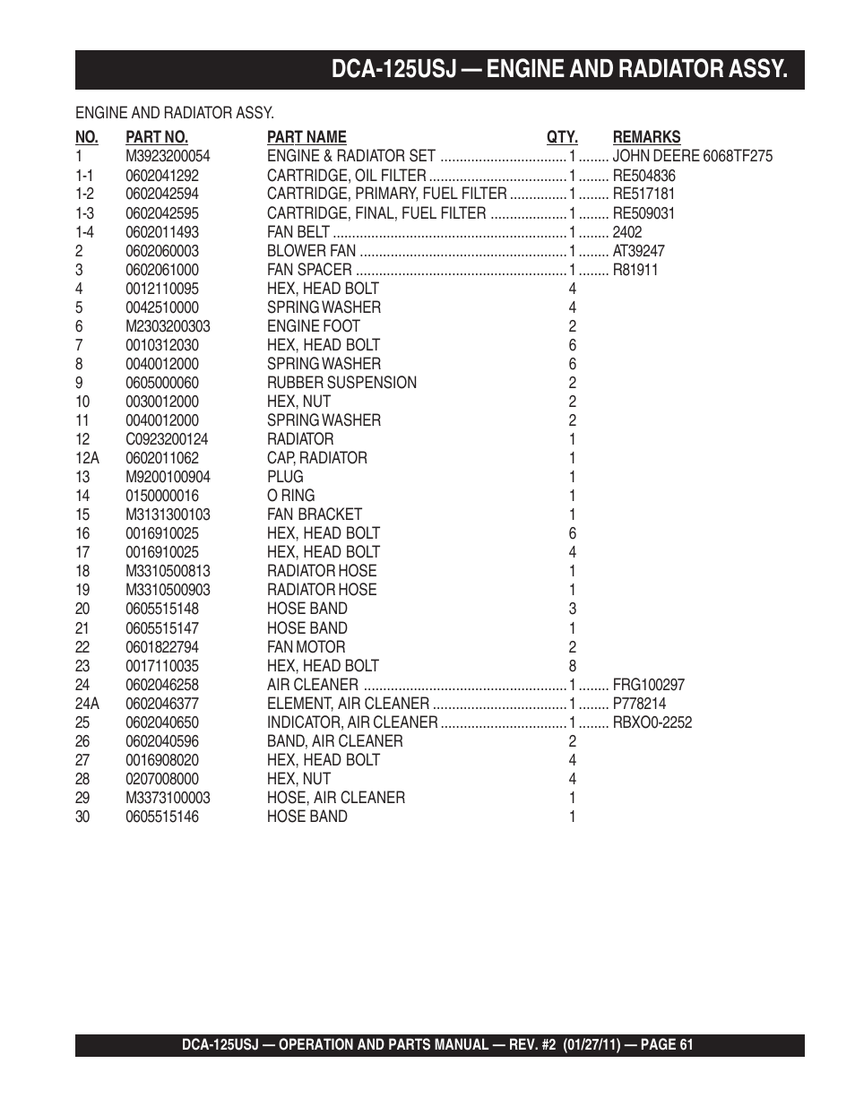 Dca-125usj — engine and radiator assy | Multiquip MQ Power 60 Hz Generator DCA125USJ User Manual | Page 61 / 84