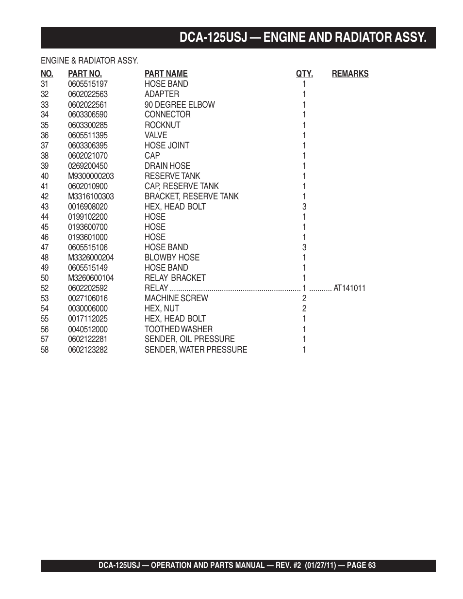 1dca-125usj — engine and radiator assy | Multiquip MQ Power 60 Hz Generator DCA125USJ User Manual | Page 63 / 84