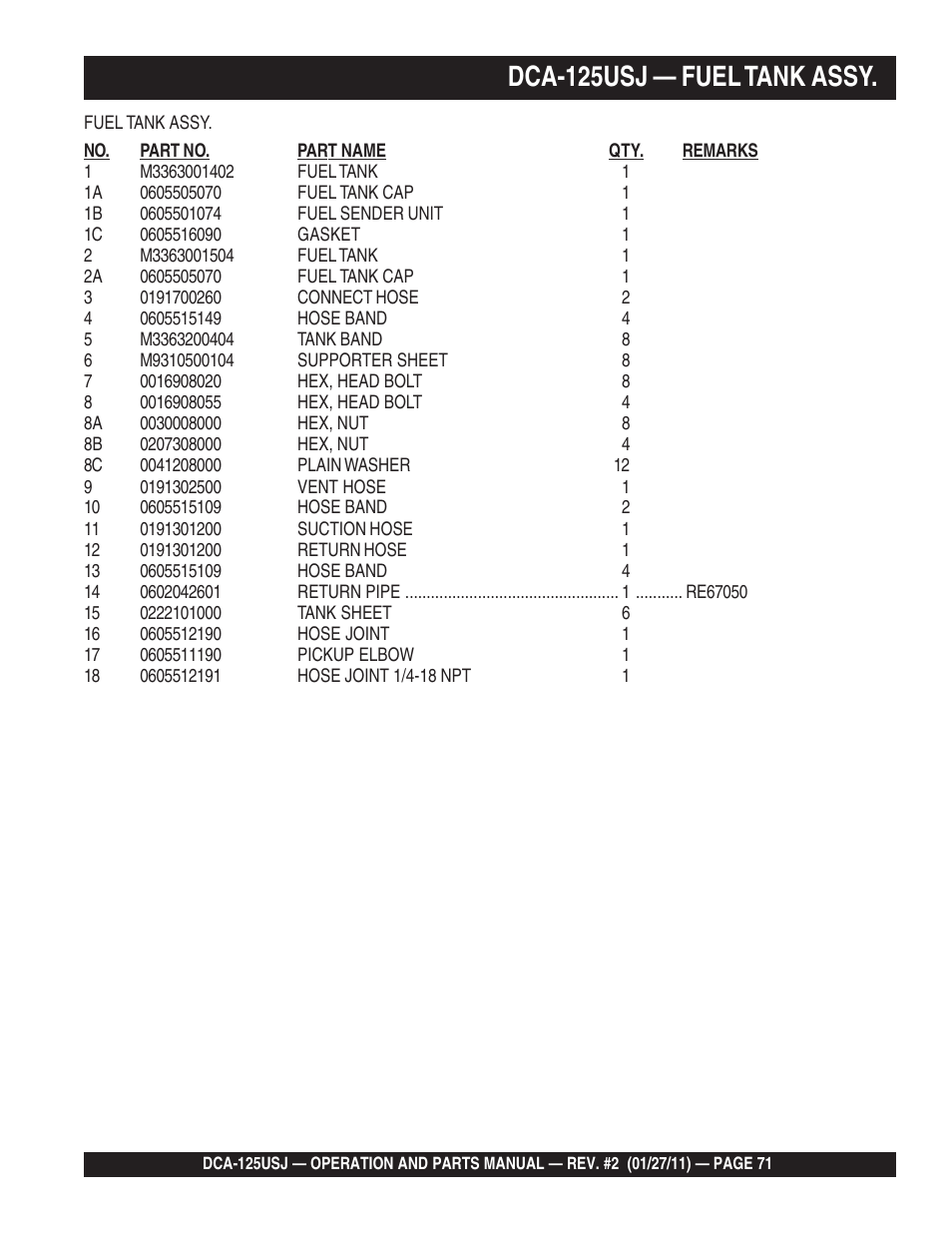 1dca-125usj — fuel tank assy | Multiquip MQ Power 60 Hz Generator DCA125USJ User Manual | Page 71 / 84