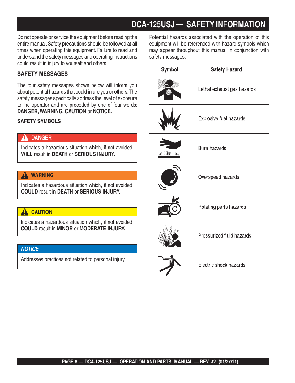 Dca-125usj — safety information | Multiquip MQ Power 60 Hz Generator DCA125USJ User Manual | Page 8 / 84
