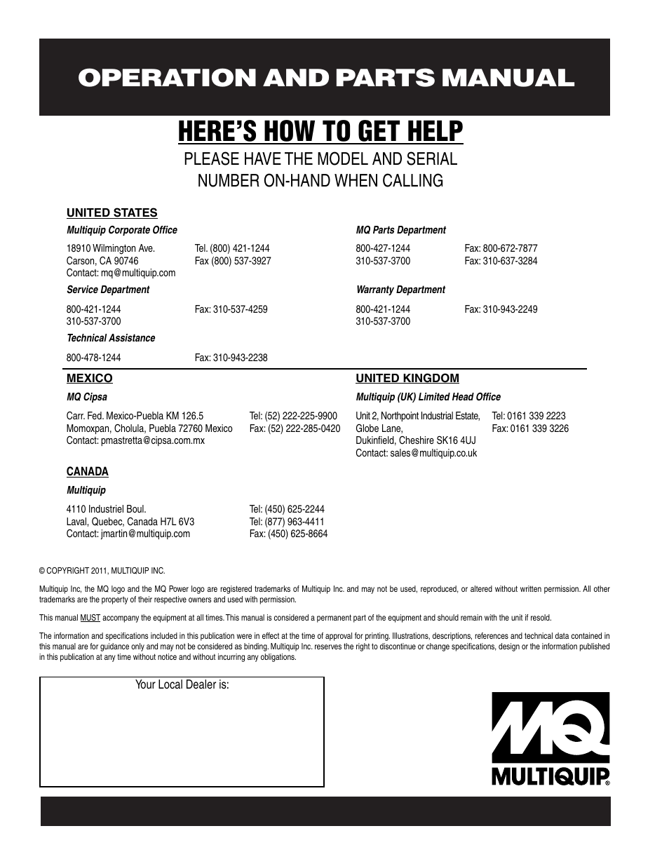 Here’s how to get help | Multiquip MQ Power 60 Hz Generator DCA125USJ User Manual | Page 84 / 84