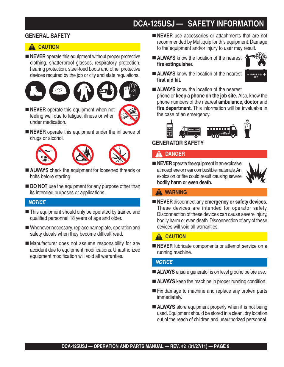 1dca-125usj — safety information | Multiquip MQ Power 60 Hz Generator DCA125USJ User Manual | Page 9 / 84