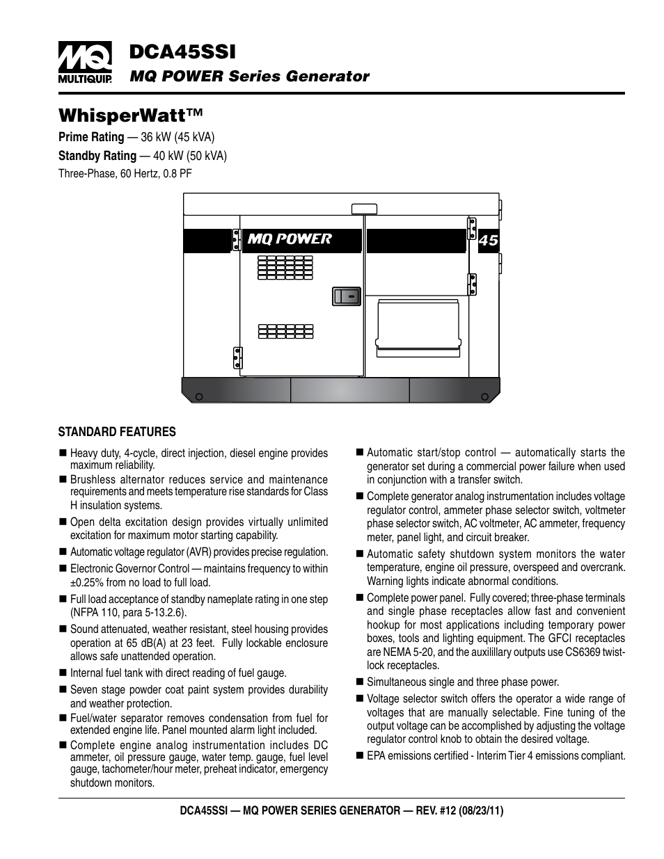 Multiquip MQ Power Series Generator DCA45SSI User Manual | 4 pages