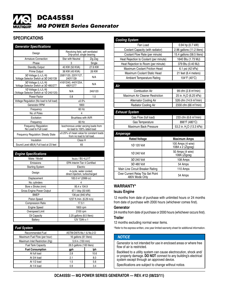 Dca45ssi, Mq power series generator, Specifications | Warranty, Isuzu engine, Generator, Trailer | Multiquip MQ Power Series Generator DCA45SSI User Manual | Page 2 / 4