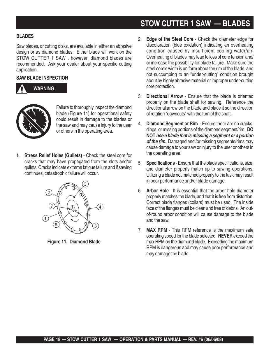 Stow cutter 1 saw — blades | Multiquip Cutter 1 Concrete/Asphalt Saw CD605E16 (5 HP Electric Motor) User Manual | Page 18 / 76