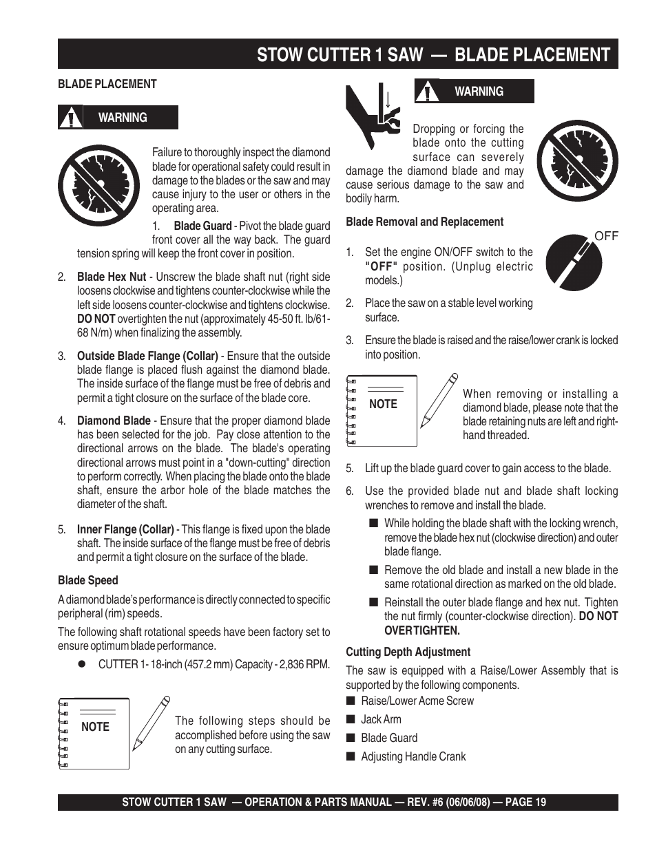 Stow cutter 1 saw — blade placement | Multiquip Cutter 1 Concrete/Asphalt Saw CD605E16 (5 HP Electric Motor) User Manual | Page 19 / 76