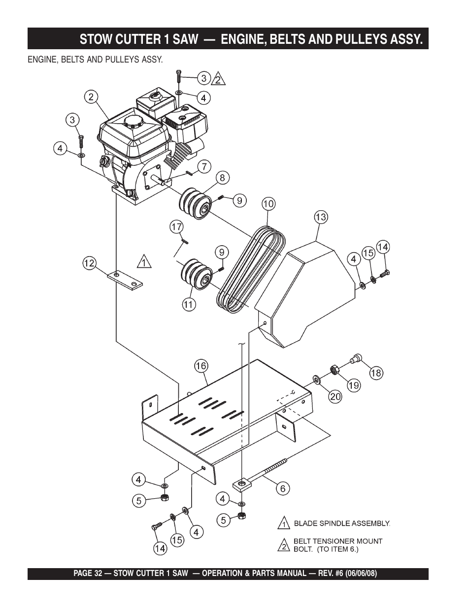 Stow cutter 1 saw, Engine, belts and pulleys assy | Multiquip Cutter 1 Concrete/Asphalt Saw CD605E16 (5 HP Electric Motor) User Manual | Page 32 / 76