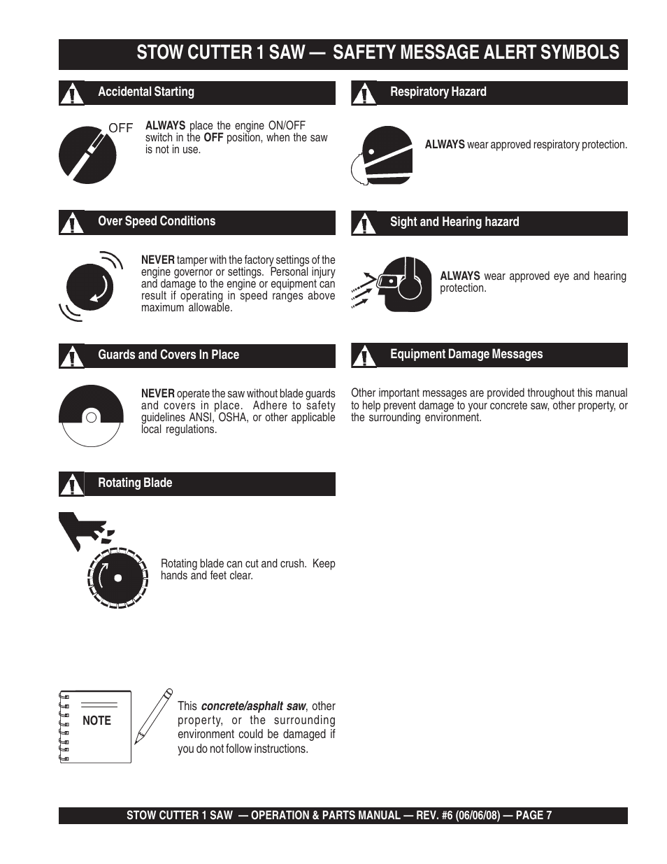 Stow cutter 1 saw — safety message alert symbols | Multiquip Cutter 1 Concrete/Asphalt Saw CD605E16 (5 HP Electric Motor) User Manual | Page 7 / 76