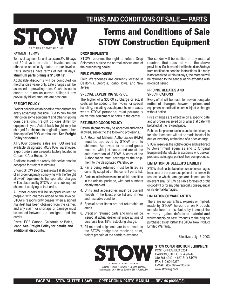 Terms and conditions of sale, Parts | Multiquip Cutter 1 Concrete/Asphalt Saw CD605E16 (5 HP Electric Motor) User Manual | Page 74 / 76