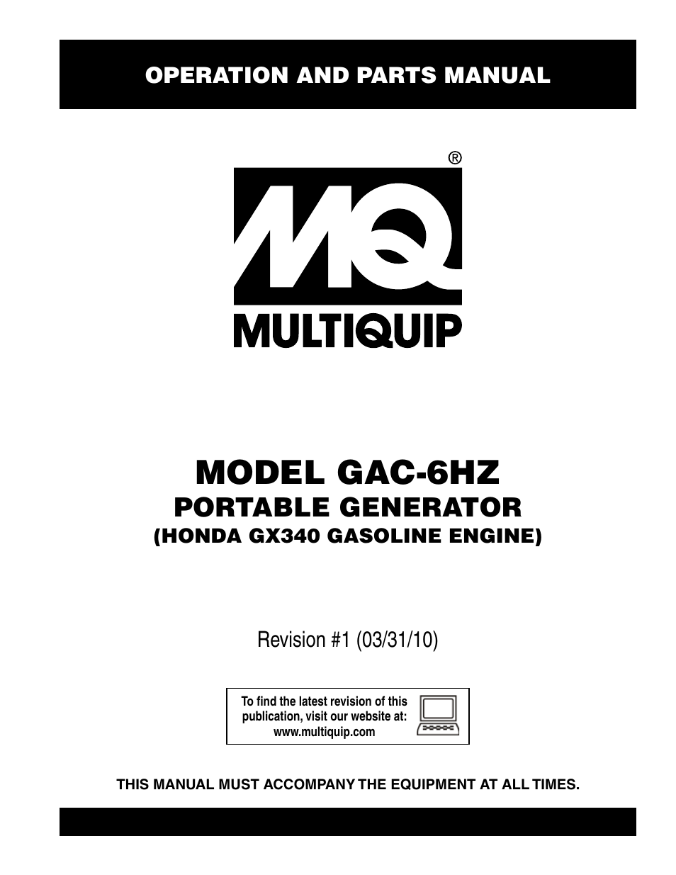 Multiquip pOrtable generatOr (HOnda gX340 gasOline engine) gaC6HZ User Manual | 84 pages