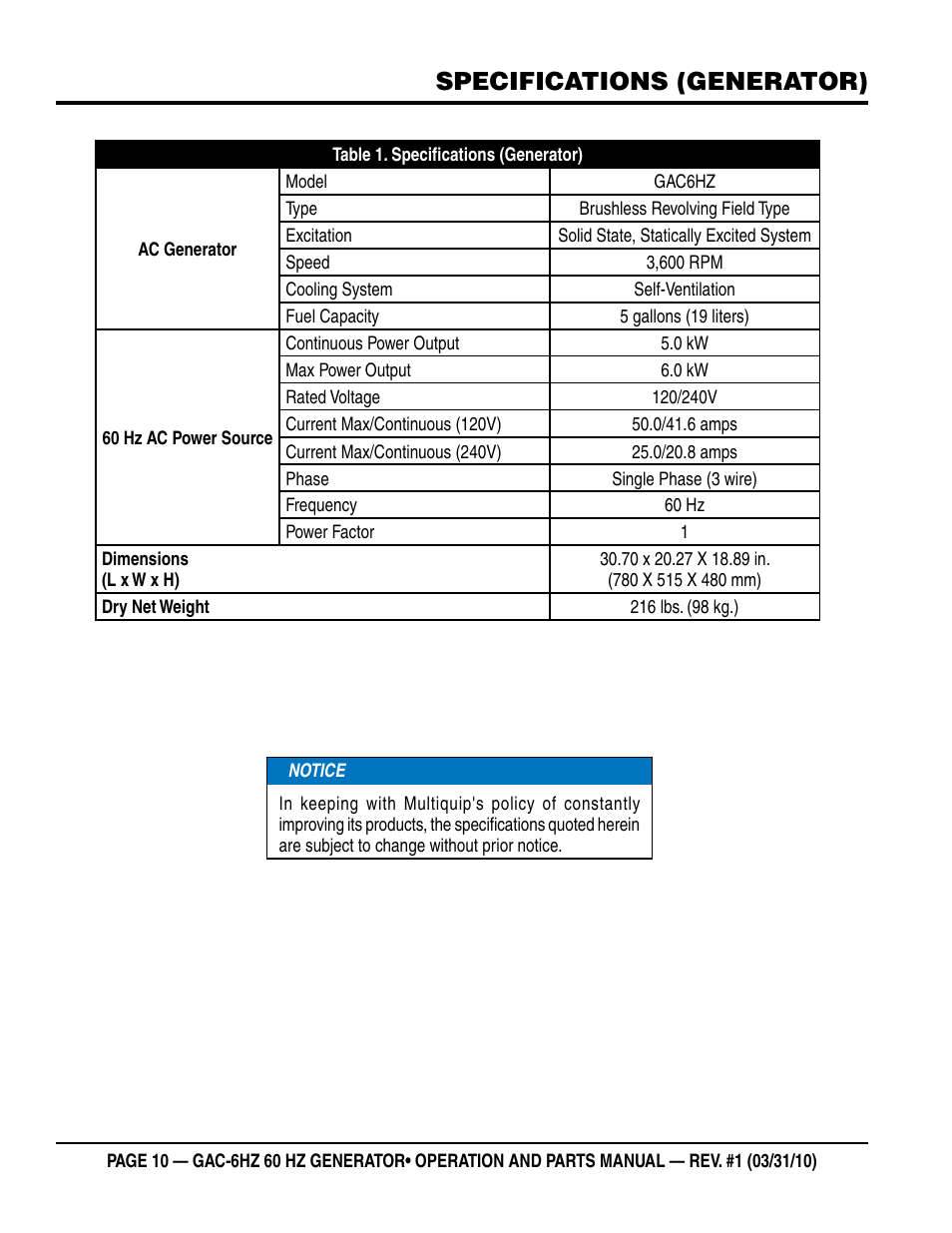 Specifications (generator) | Multiquip pOrtable generatOr (HOnda gX340 gasOline engine) gaC6HZ User Manual | Page 10 / 84