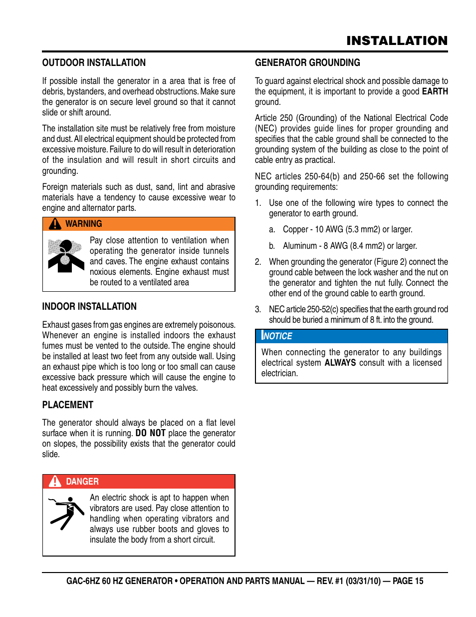 Installation | Multiquip pOrtable generatOr (HOnda gX340 gasOline engine) gaC6HZ User Manual | Page 15 / 84