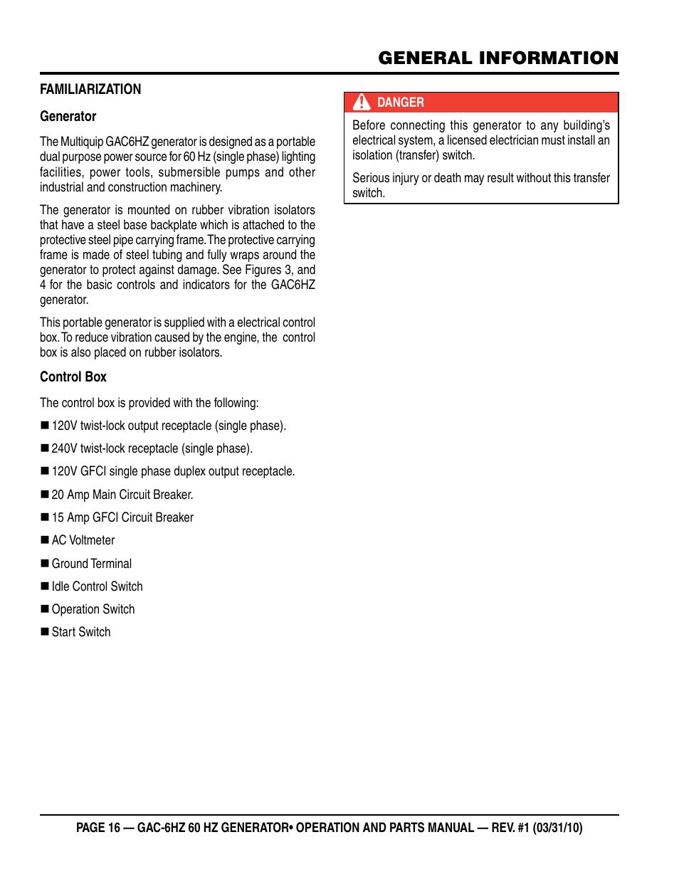 General information | Multiquip pOrtable generatOr (HOnda gX340 gasOline engine) gaC6HZ User Manual | Page 16 / 84