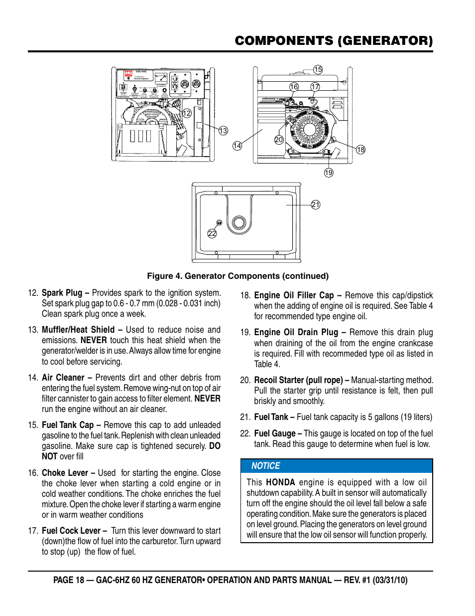 Components (generator), Figure 4. generator components (continued) | Multiquip pOrtable generatOr (HOnda gX340 gasOline engine) gaC6HZ User Manual | Page 18 / 84