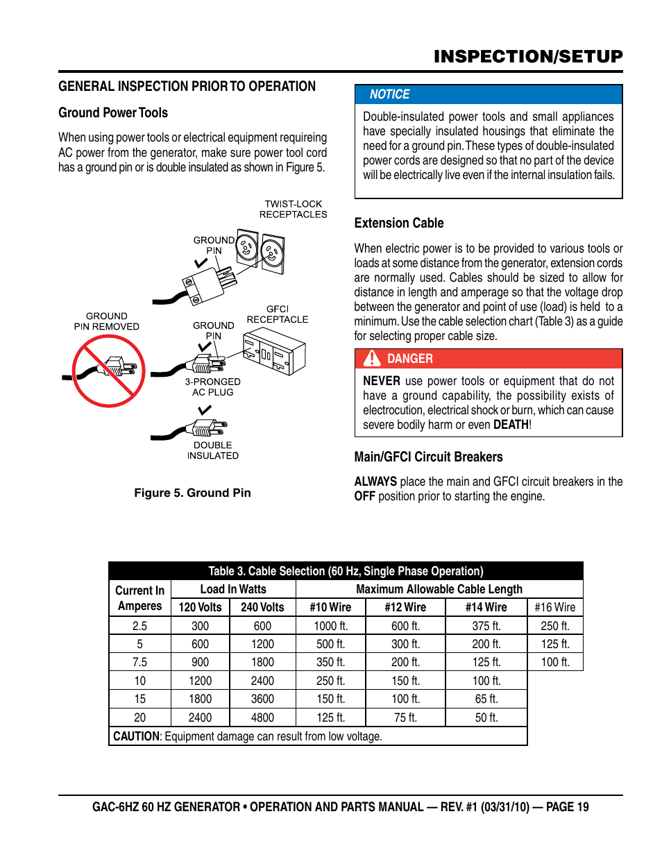 Inspection/setup | Multiquip pOrtable generatOr (HOnda gX340 gasOline engine) gaC6HZ User Manual | Page 19 / 84