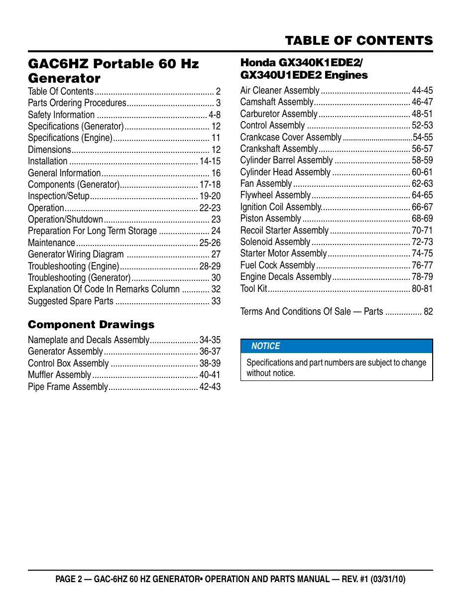 Multiquip pOrtable generatOr (HOnda gX340 gasOline engine) gaC6HZ User Manual | Page 2 / 84