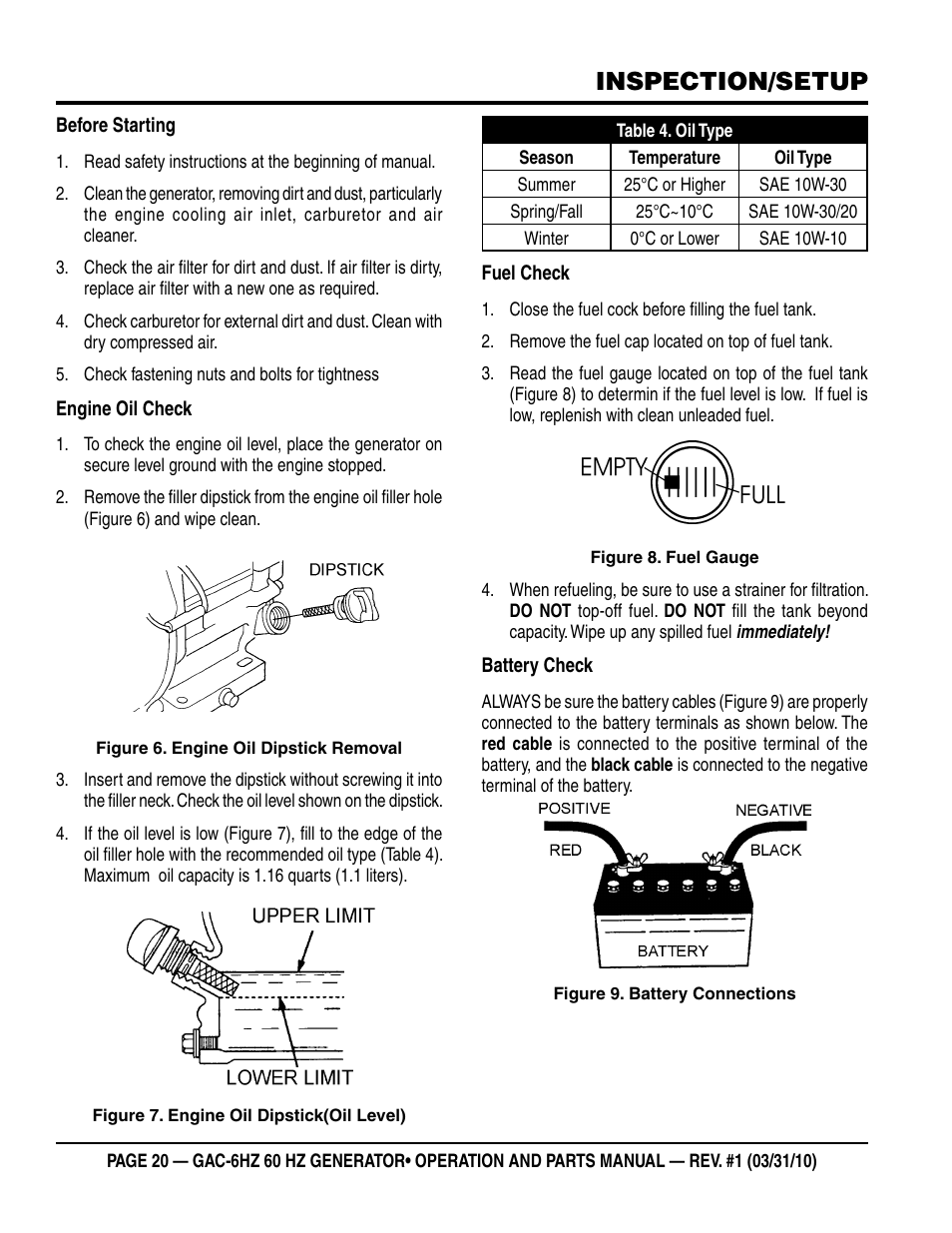 Inspection/setup | Multiquip pOrtable generatOr (HOnda gX340 gasOline engine) gaC6HZ User Manual | Page 20 / 84