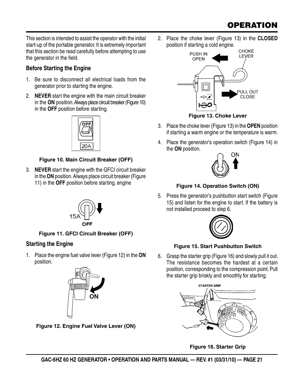 Operation | Multiquip pOrtable generatOr (HOnda gX340 gasOline engine) gaC6HZ User Manual | Page 21 / 84