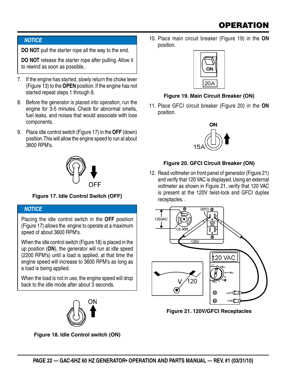 Operation | Multiquip pOrtable generatOr (HOnda gX340 gasOline engine) gaC6HZ User Manual | Page 22 / 84