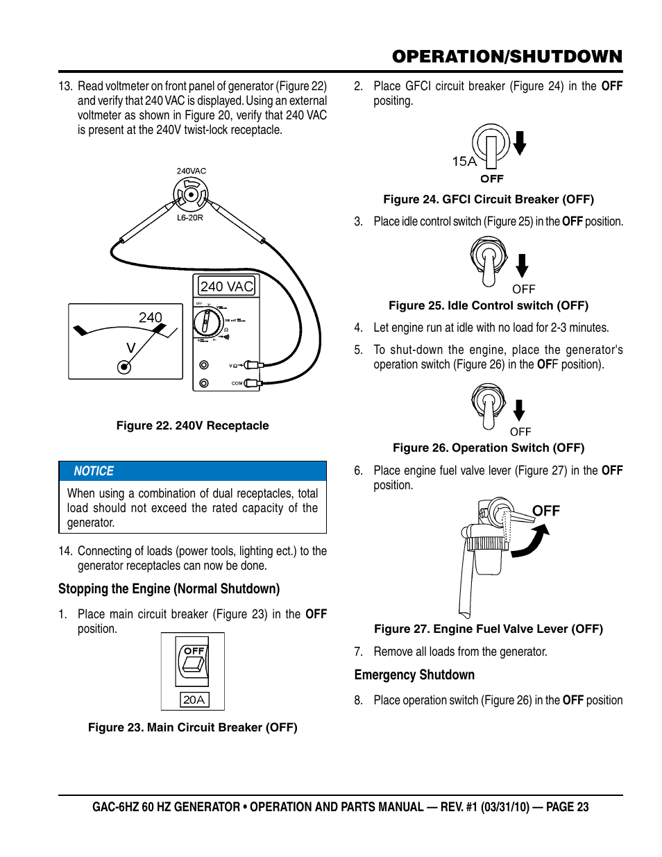 Operation/shutdown | Multiquip pOrtable generatOr (HOnda gX340 gasOline engine) gaC6HZ User Manual | Page 23 / 84