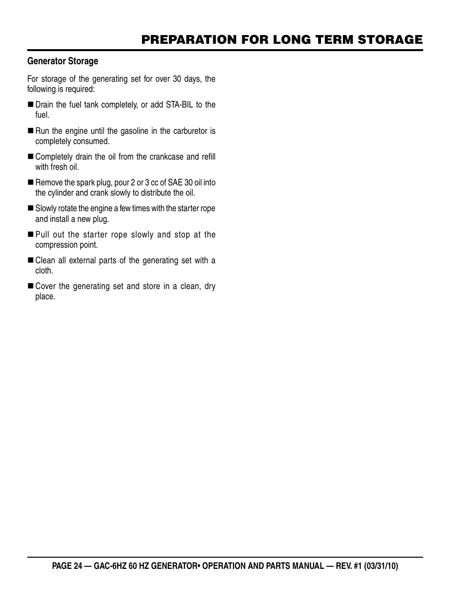 Preparation for long term storage | Multiquip pOrtable generatOr (HOnda gX340 gasOline engine) gaC6HZ User Manual | Page 24 / 84