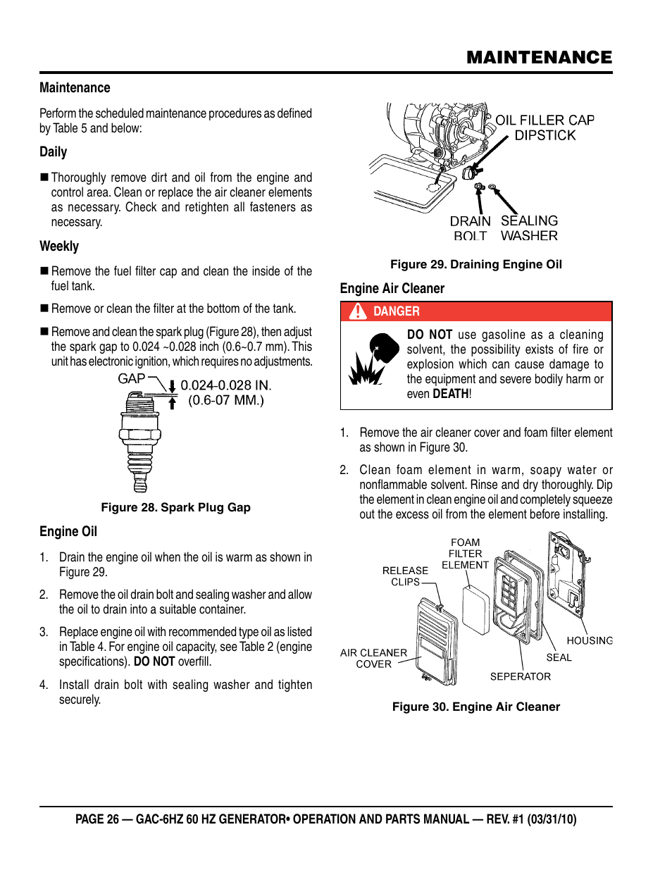 Maintenance | Multiquip pOrtable generatOr (HOnda gX340 gasOline engine) gaC6HZ User Manual | Page 26 / 84