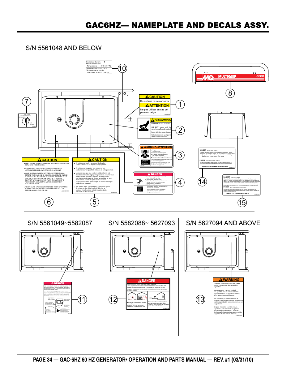 Gac6hz— nameplate and decals assy | Multiquip pOrtable generatOr (HOnda gX340 gasOline engine) gaC6HZ User Manual | Page 34 / 84