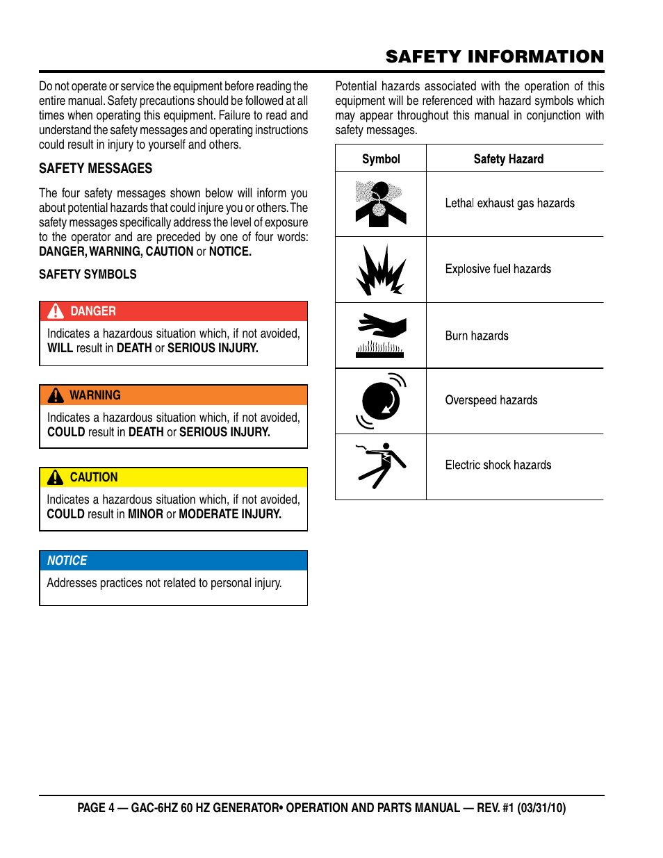 Safety information | Multiquip pOrtable generatOr (HOnda gX340 gasOline engine) gaC6HZ User Manual | Page 4 / 84