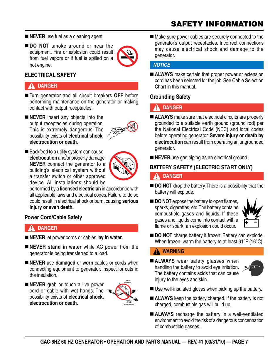 Safety information | Multiquip pOrtable generatOr (HOnda gX340 gasOline engine) gaC6HZ User Manual | Page 7 / 84