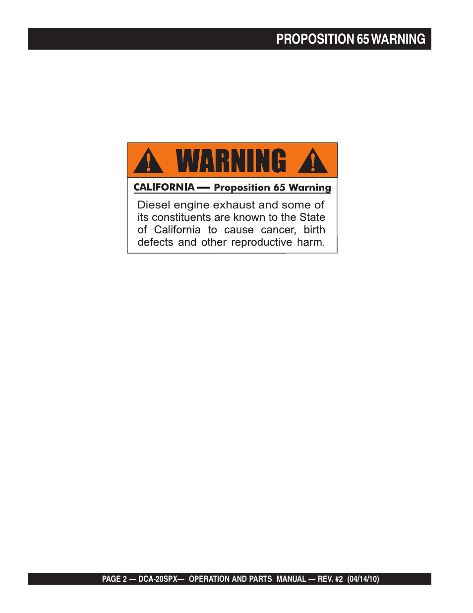 Proposition 65 warning | Multiquip WHISPERWATT SERIES DCA-20SPX User Manual | Page 2 / 84